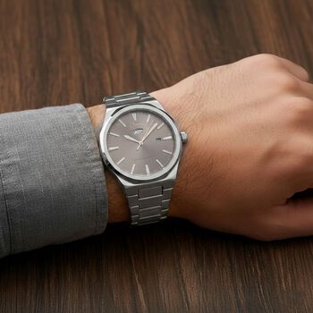 GENOA - Japanisches Uhrwerk, Graues Sonnenschliff-Zifferblatt mit Balkenindexen, Reiner Edelstahl mit Faltschlie&szlig;e, Bicolor, 20 cm