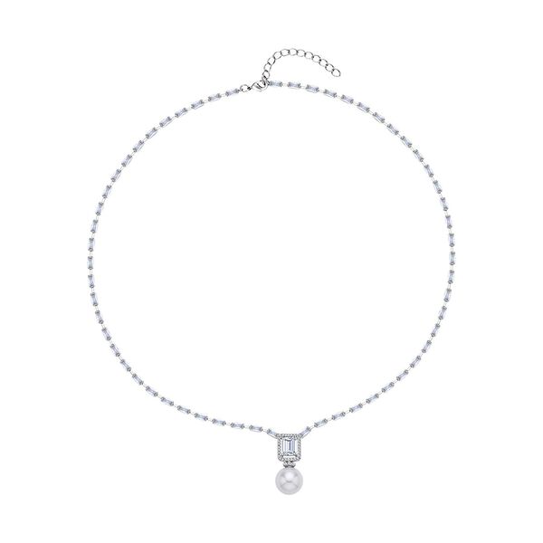 Wei&szlig;er Zirkonia, wei&szlig;e Muschelkernperle, Halskette, ca. 50 cm, ca. 8.00 ct