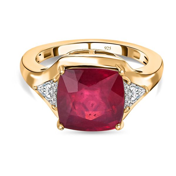 Afrikanischer Rubin (Fissure gef&uuml;llt), Moissanit Ring, 925 Silber Gelbgold Vermeil (Gr&ouml;&szlig;e 17.00) ca. 6,94 ct