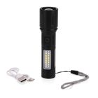Rechargeable torch Model:603 Material:aluminum alloy Size:14*3.5cm Weight:138g Level:4 levels of adjustment,strong,weak,flash and side Light Function:Focal length adjustable Light bead:LED Battery:18650 lithium battery Watt:10W Lumens: 800 lumens Batter