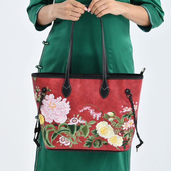 Bestickter Shopper, Kunstleder, Blumen Design, 46 x 15 x 28 cm, Rot image number 4