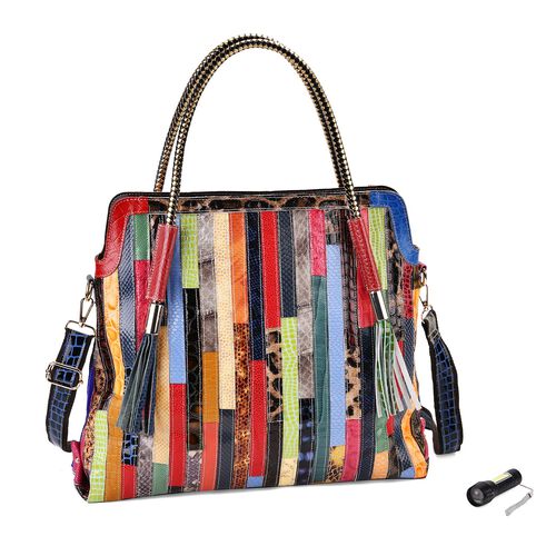 Chaos by Elsie Crossbody-Tasche aus echtem Leder, Multicolor mit glänzender Krokoprägung im Streifenmuster, RFID-Schutz und Mini-Taschenlampe, 42x12x36 cm image number 0