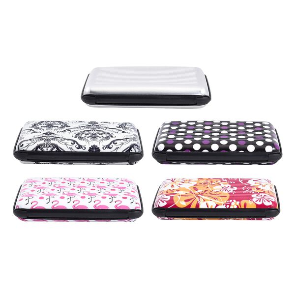 5er-Set RFID-blockierender Kartenhalter; mit Polka-Dot-Muster, Blumenmuster, Flamingo-Muster, Damast-Muster und grau, Aluminium image number 4