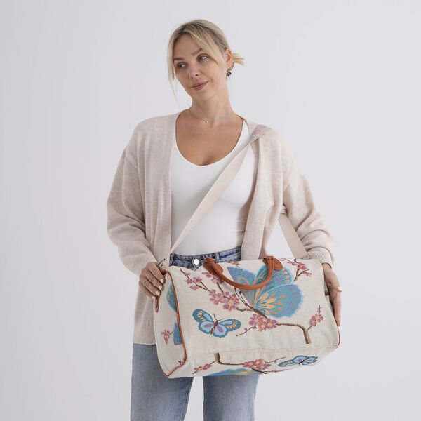 "Life style Color:White with blue butterfly print /Profile:Duffel bag wall(exterior):Polyester    Lining(interior): polyester; Pockets(exterior):Zipped-1 Pockets(interior):none Measurement:45*23*27cm         " image number 2