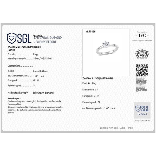 LUXURIANT SGL zertifizierter SI-GH Labor Diamant Solit&auml;r Ring, 925 Silber rhodiniert - 1 ct. image number 9