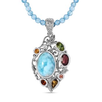 Larimar, mehrfarbiger -Turmalin Halskette, 925 Silber platiniert, ca. 108.70 ct
