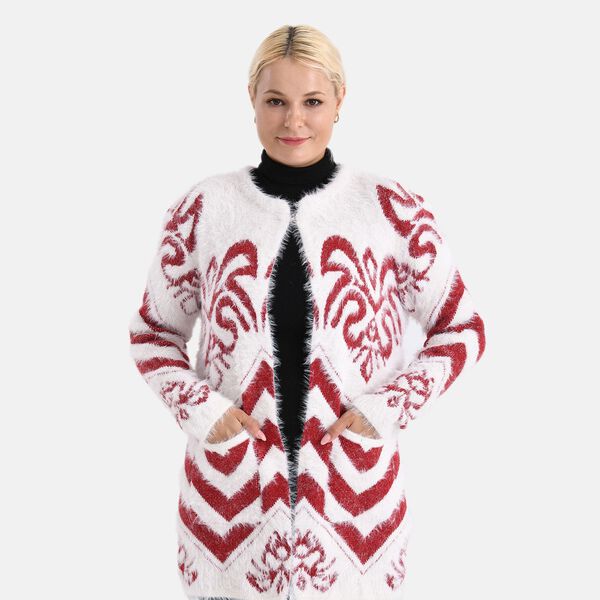 Cardigan mit abstraktem Blumenmuster und Taschen, One Size, L&auml;nge 78 cm, Rot image number 4