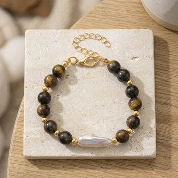 Tigerauge, Wei&szlig;e Keshi Perle Armband, ca. 18cm mit 5cm extender, Reine Legierung goldfarben