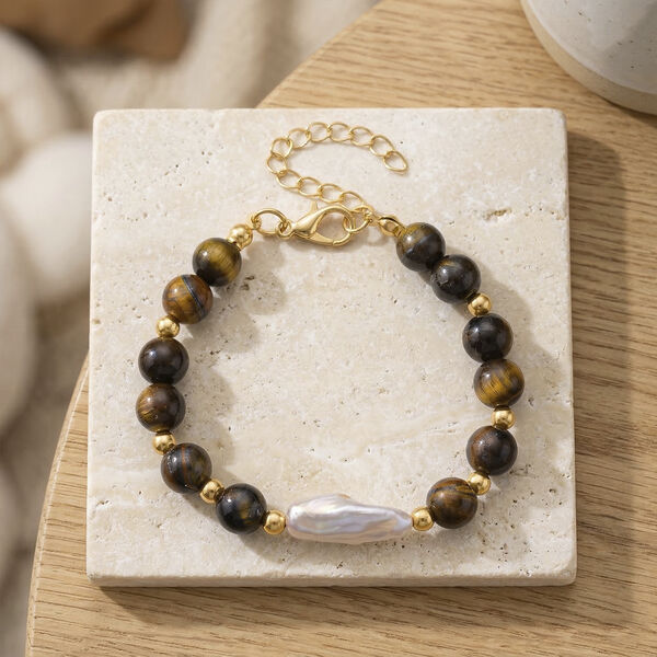 Tigerauge, Wei&szlig;e Keshi Perle Armband, ca. 18cm mit 5cm extender, Reine Legierung goldfarben image number 2