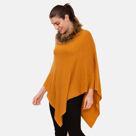LA MAREY - Kaschmir Poncho mit Kunstfell Bord&uuml;re, Senfgelb