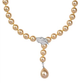 Goldene 10mm Muschelkernperle und wei&szlig;e Zirkonia 60cm Halskette