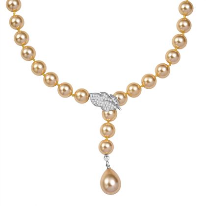 Goldene Farbe Muschelkernperle (10 mm), Wei&szlig;er Zirkonia Halskette ca. 60 cm Nickelfreies Messing