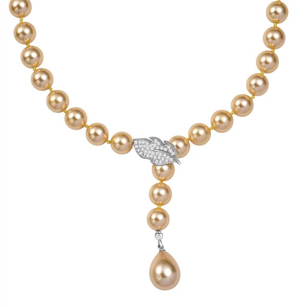 Goldene 10mm Muschelkernperle und wei&szlig;e Zirkonia 60cm Halskette