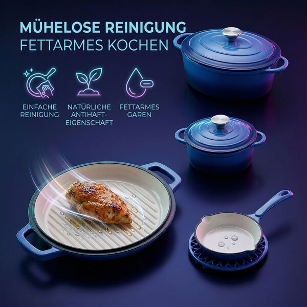 "20cm  Cast Iron Pot                     28x22 Oval Cast Iron Pot            26cm Dual Cast Iron Pot  30x21cm Cast Iron Roaster                                  16cm Cast Iron Fry Pan                      Trivet Color: Blue Material:cast iron" image number 4