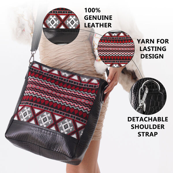 Crossbody Bag aus echtem Leder und Jacquard mit Krokoprägung, schwarz image number 5