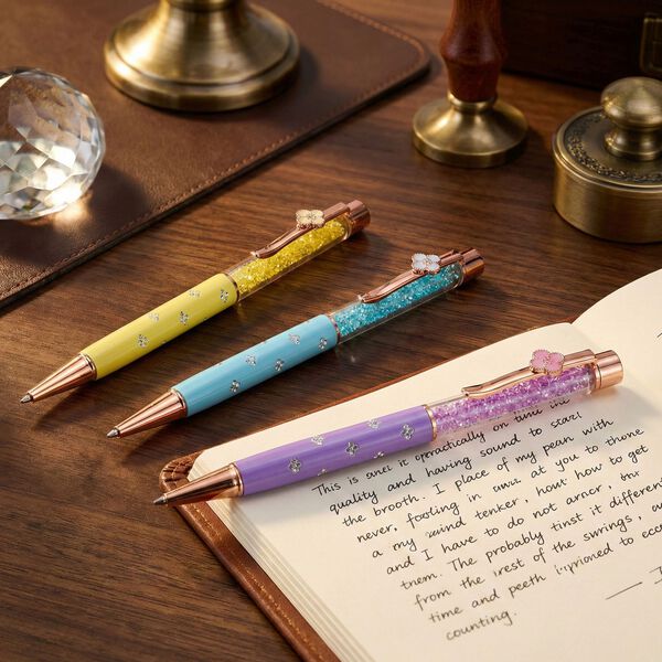 "set of 3 artificial Ballpoint Pen material:Aluminum alloy +Plastic,   Color: Macaron light blue,macaron yellow,macaron purple black ink Pen barrel with engraved The box is printed with the logo" image number 1