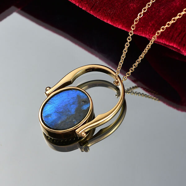 2-in-1 Labradorit Siegel Ring und Anhänger im Wende-Design, Messing goldfarben mit 316L Edelstahl kette  (Größe 21) ca. 16,16 ct. image number 1