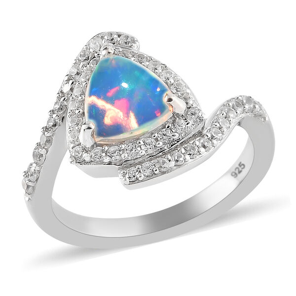 Nat&uuml;rlicher &Auml;thiopischer Opal und Zirkon Bypass Ring 925 Silber platiniert image number 4
