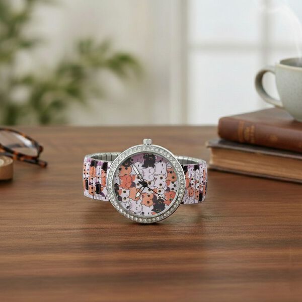 STRADA - Armbanduhr mit Katzengesichtmotiv, Kristall-L&uuml;nette, Japanisches Uhrwerk, Edelstahlzugband, Reiner Edelstahl image number 2