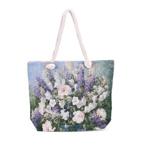 Gewebte Jute-Tasche mit Blumen, blau/weiß