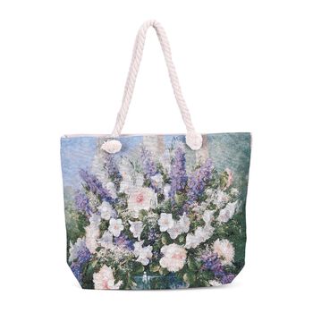 Gewebte Jute-Tasche mit Blumen, blau/wei&szlig;