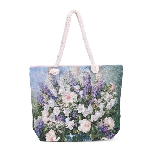 Gewebte Jute-Tasche mit Blumen, blau/wei&szlig;
