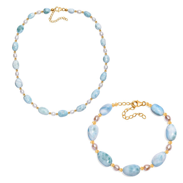 AA Larimar und Süßwasser Perle 45cm Halskette und 19cm Armband image number 0