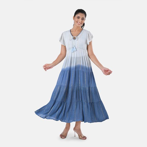 Maxikleid aus Viskose-Crepe mit Lurex Ombre-Schal mit Quasten aus Poly-Seide-Modal und Crossbody Tasche Dunkelblau image number 3