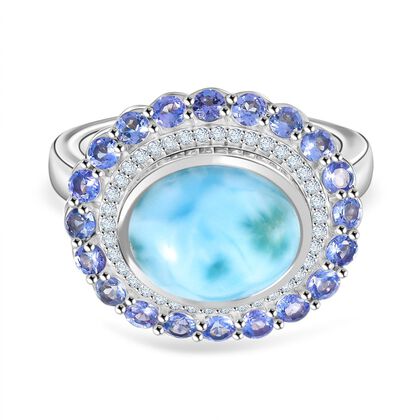 D'Joy Larimar, Tansanit Ring 925 Silber rhodiniert (Gr&ouml;&szlig;e 19.00) ca. 7,62 ct