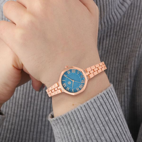 Strada - Kristall Uhr, japanisches Uhrwerk, Edelstahl in Ros&eacute;farbe, blau image number 3