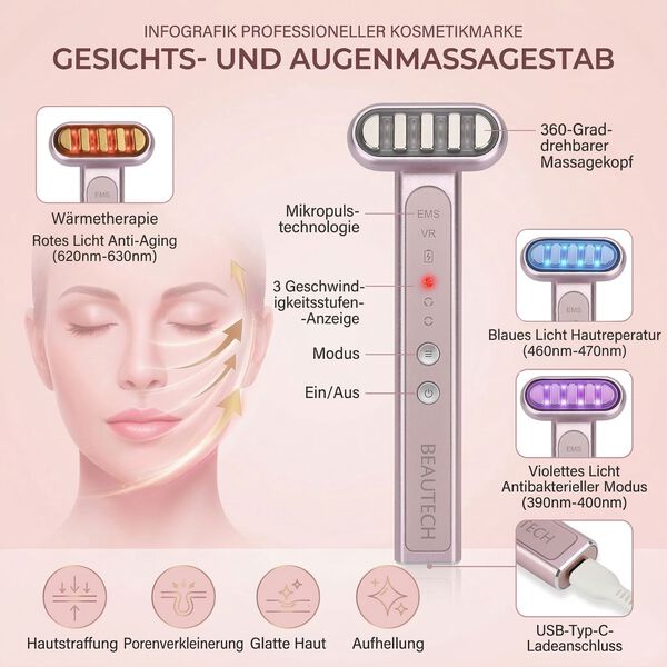 BEAUTECH Gesichts- und Augenmassageger&auml;t, 360 Grad Kopf, EMS Technologie, 8,2x3,2x2,3 cm, Rosa image number 4