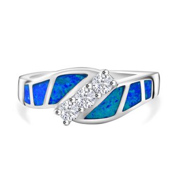 Simulierter Blauer Opal, Wei&szlig;er Zirkonia Ring 925 Silber rhodiniert (Gr&ouml;&szlig;e 16.00)