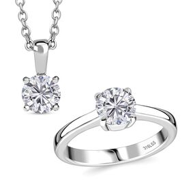 2er Set - Weißer Zirkonia Anhänger mit Kette und Ring (Größe 18.00), Edelstahl