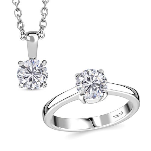 2er Set - Weißer Zirkonia Anhänger mit Kette und Ring (Größe 18.00), Edelstahl image number 0