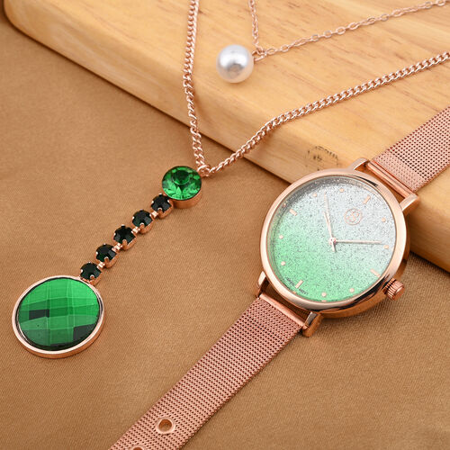 2er-Set - STRADA Uhr und Halskette mit grünem Kristall - 6 ct. image number 1