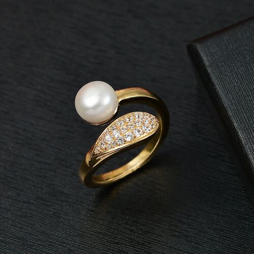 Süßwasser Perle (8-8.4 mm), Weißer Zirkon Ring Messing (Größe 17.00) image number 1