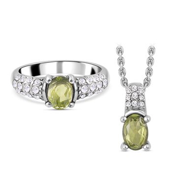 3er Set - Nat&uuml;rlicher Peridot-Anh&auml;nger mit Kette und Ring, 316L Edelstahl , ca. 0.60 ct