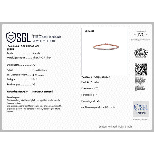 LUXURIANT SGL zertifiziertes VS-EF Labor Diamant 20cm Armband, 925 Silber 750 Ros&eacute;gold Vermeil - 4 ct. image number 5