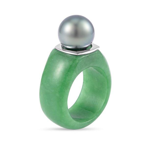 Gr&uuml;ne Jade, Tahiti Perle Ring (11-12 mm), 925 Silber rhodiniert, (Gr&ouml;&szlig;e 21.00) ca. 44.57 ct image number 5