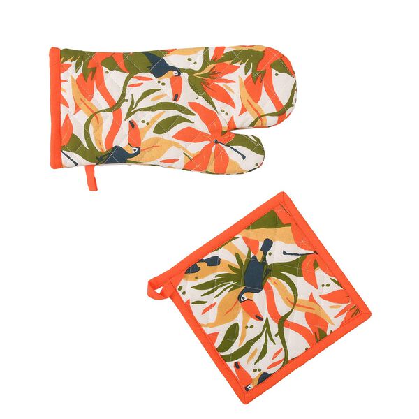 4er Set - 100% Baumwolle: Schürze, Handschuh, Topflappen, Küchentuch, Grün/Orange image number 5
