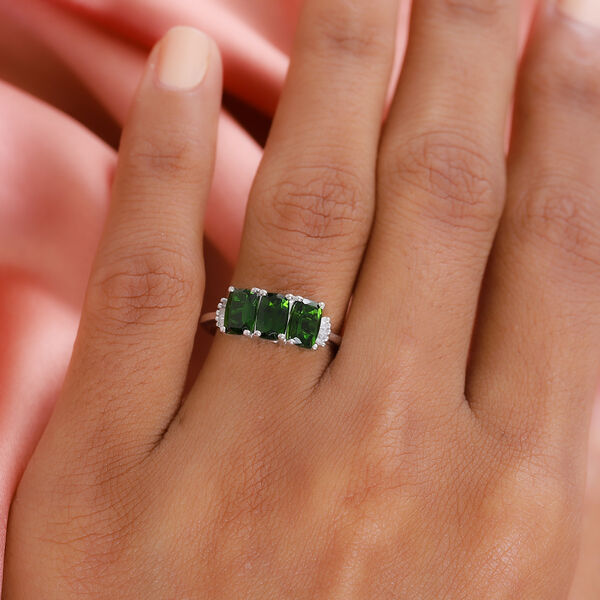 Natürlicher Chromdiopsid und Diamant 3 Stein Ring 925 Silber platiniert  ca. 2,14 ct image number 3