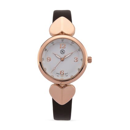 STRADA Uhr mit PC21S Japan-Uhrwerk, Edelstahl-Mesh-Armband, Ros&eacute;gold mit Kristallzifferblatt, Braun