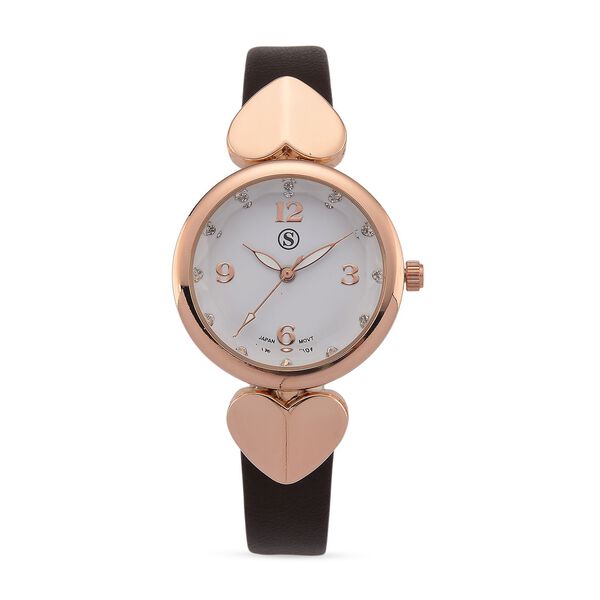 STRADA Uhr mit PC21S Japan-Uhrwerk, Edelstahl-Mesh-Armband, Ros&eacute;gold mit Kristallzifferblatt, Braun