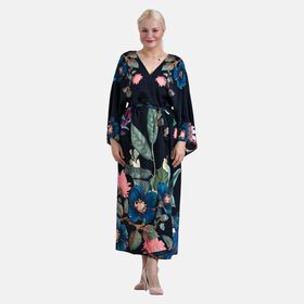 Kimono mit Vogel- und Blumenprint, fließende Passform, 78x128 cm, Schwarz