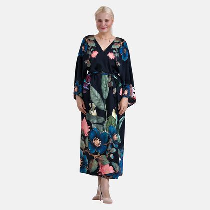 Kimono mit Vogel- und Blumenprint, flie&szlig;ende Passform, 78x128 cm, Schwarz