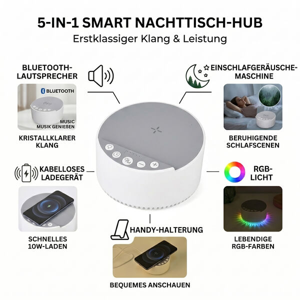 "5IN1 -BT Speaker + Sleeping Sounds +Wireless Charger+RGB Light+Phone Holder Specification: 1.Speaker Output: 5W 2.Capacity: 500mAh LI-ion Battery 3.Bluetooth Version:V5.3 4.Charging Time:1-2H 5.15PCS RGB LED(5050) Item size: 100(D)X57(H)MM Color:White Fu image number 4