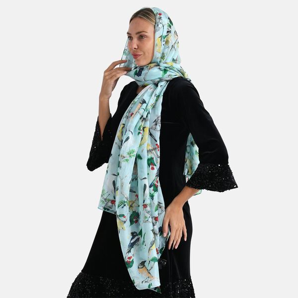  LA MAREY signature 100% silk scarf110*195cmweight:40gcolor:light blue with Bird patternMaterial:100% Mulberry silk image number 4