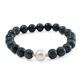 Weiße Edison Perle, Natürlicher Olmek Jadeit Armband, Flexibles, 925 Silber vergoldet