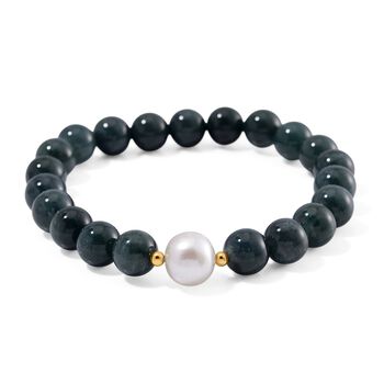 Wei&szlig;e Edison Perle (10-12 mm), Nat&uuml;rlicher Olmek Jadeit Armband, Flexibles, 925 Silber vergoldet