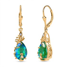 D’joy Pfau Quarz Triplette, Weißer Zirkon Ohrringe 925 Silber 750 Gelb Vergoldet ca. 6,59 ct.